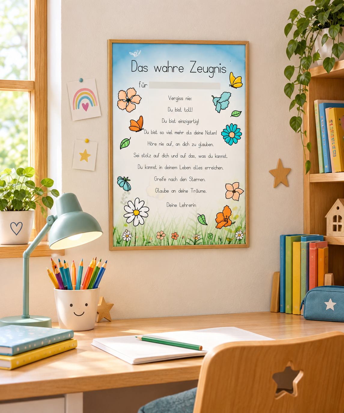 Das wahre Zeugnis in der Blumen-Edition ausgedruckt auf einem Schreibtisch