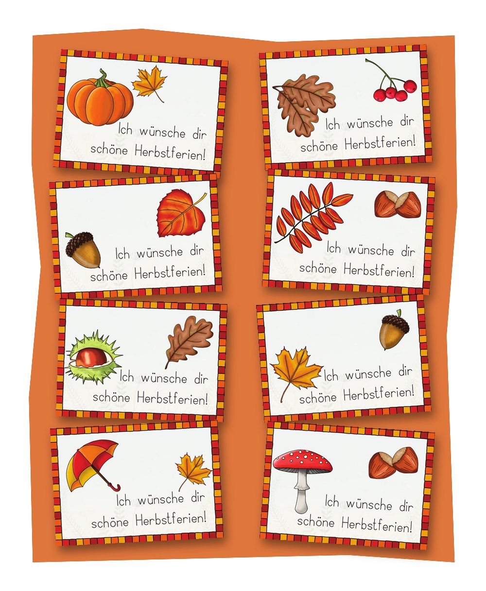 8 Kärtchen „Ich wünsche dir schöne Herbstferien!“ mit Herbstmotiven