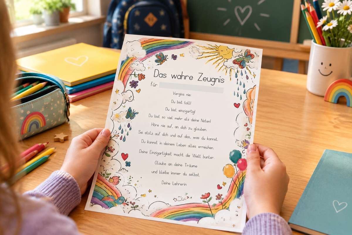 Kind hält das wahre Zeugnis in der Regenbogen-Edition ausgedruckt am Schultisch in den Händen