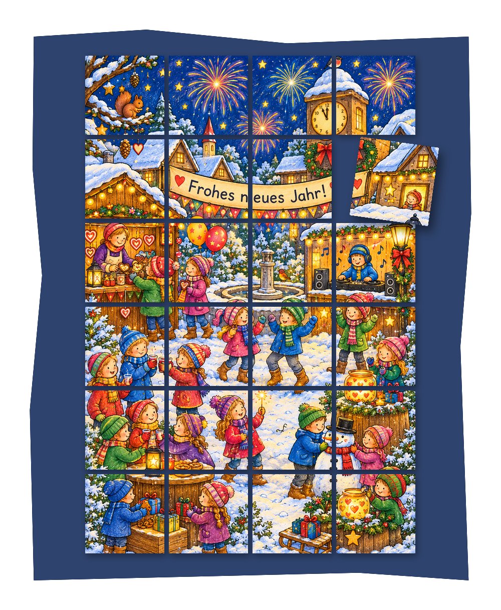 Gemeinschaftsbild Silvesterparty: buntes Silvesterbild aus 24 Bildausschnitten