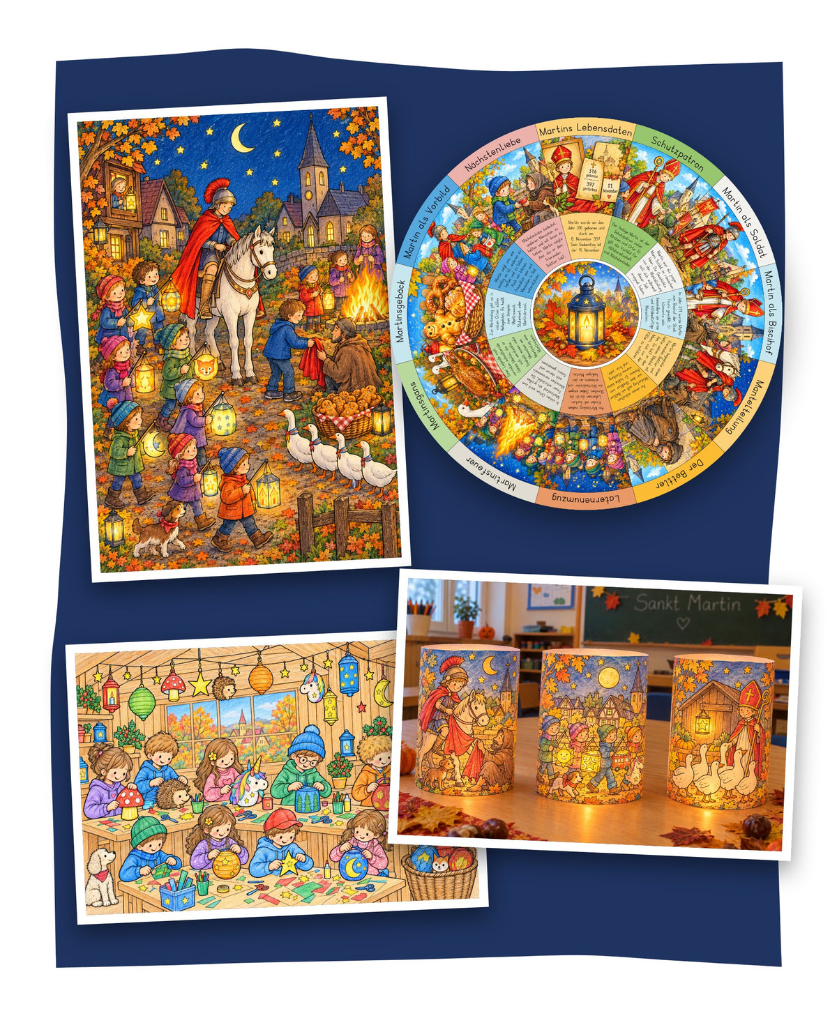 Materialpaket Sankt Martin: Gemeinschaftsbild Sankt Martin, Legekreis, Gemeinschaftsbild Laternenwerkstatt und Windlichter