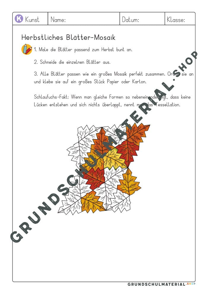Arbeitsblatt Blätter-Mosaik mit Anleitung, Schlaufuchs-Fakt zur Tessellation und Beispielbild