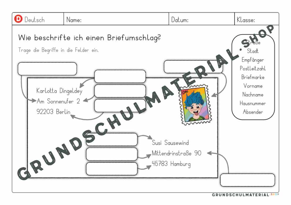 Arbeitsblatt Briefumschlag beschriften