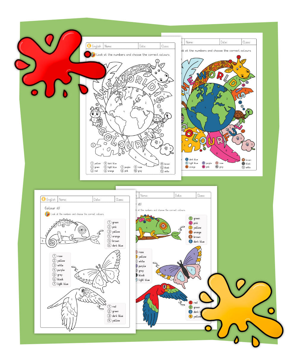 Colours - Read & Colour Arbeitsblätter (A4) + Plakat (A3)