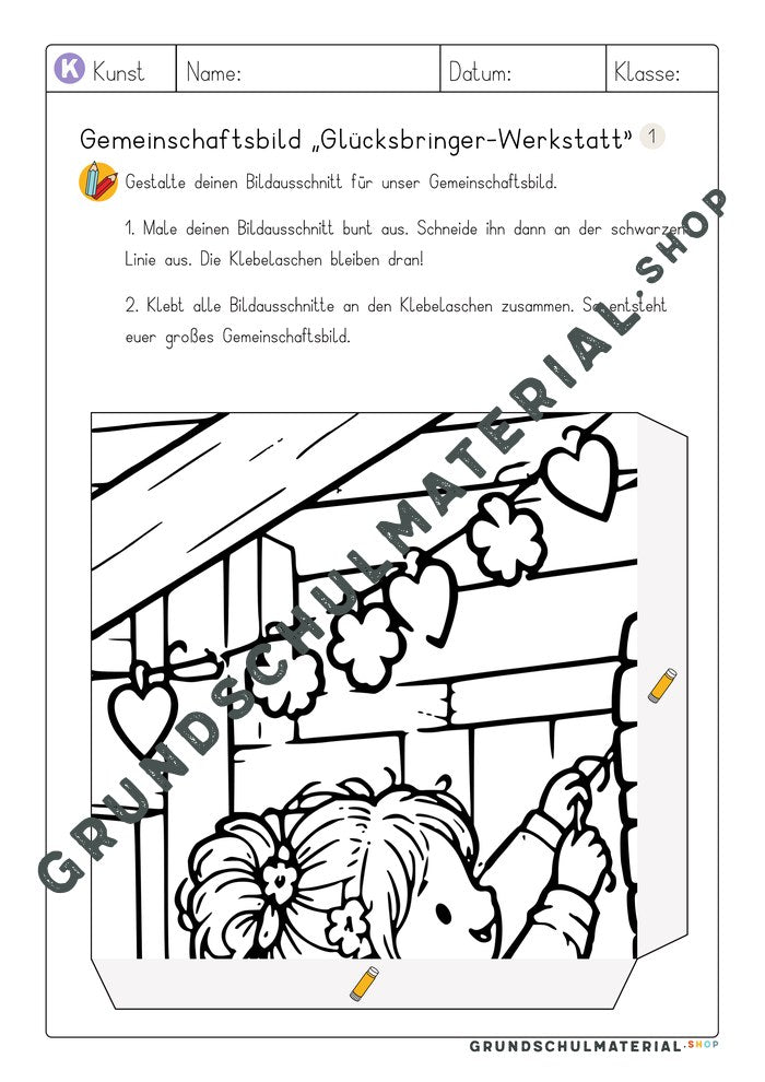 Gemeinschaftsbild Glücksbringer-Werkstatt: Arbeitsblatt Bildausschnitt 1 zum Ausmalen