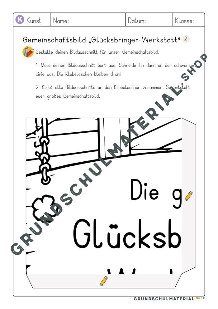 Gemeinschaftsbild Glücksbringer-Werkstatt: Arbeitsblatt Bildausschnitt 2 zum Ausmalen
