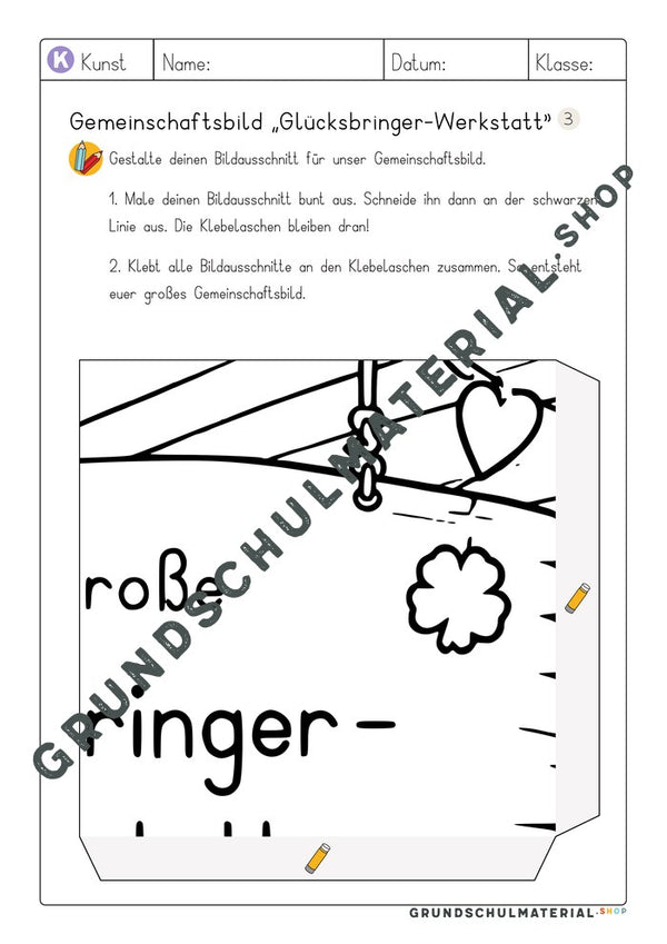 Gemeinschaftsbild Glücksbringer-Werkstatt: Arbeitsblatt Bildausschnitt 3 zum Ausmalen