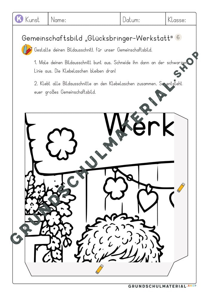 Gemeinschaftsbild Glücksbringer-Werkstatt: Arbeitsblatt Bildausschnitt 6 zum Ausmalen