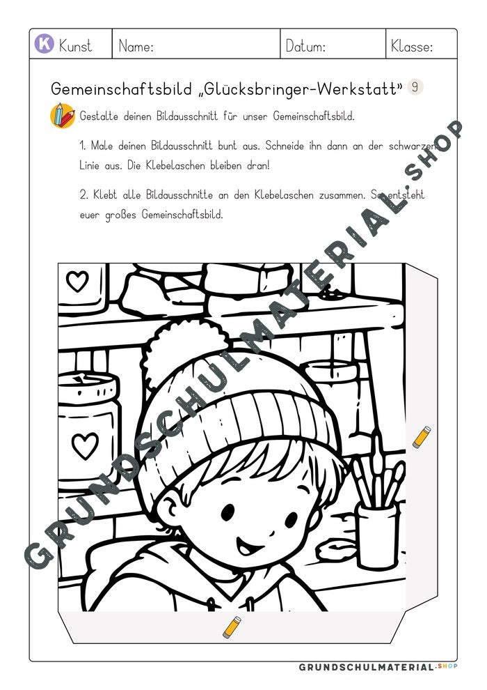 Gemeinschaftsbild Glücksbringer-Werkstatt: Arbeitsblatt Bildausschnitt 9 zum Ausmalen