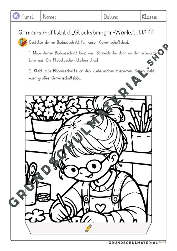 Gemeinschaftsbild Glücksbringer-Werkstatt: Arbeitsblatt Bildausschnitt 12 zum Ausmalen