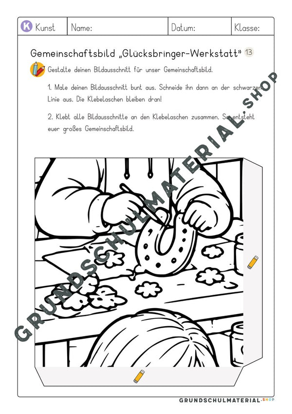 Gemeinschaftsbild Glücksbringer-Werkstatt: Arbeitsblatt Bildausschnitt 13 zum Ausmalen