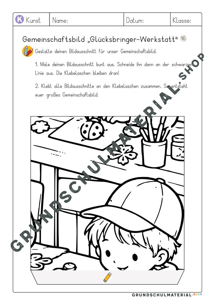 Gemeinschaftsbild Glücksbringer-Werkstatt: Arbeitsblatt Bildausschnitt 16 zum Ausmalen