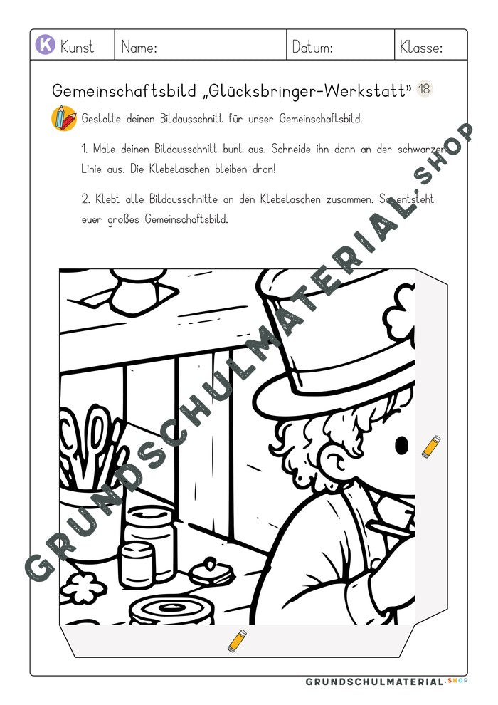 Gemeinschaftsbild Glücksbringer-Werkstatt: Arbeitsblatt Bildausschnitt 18 zum Ausmalen