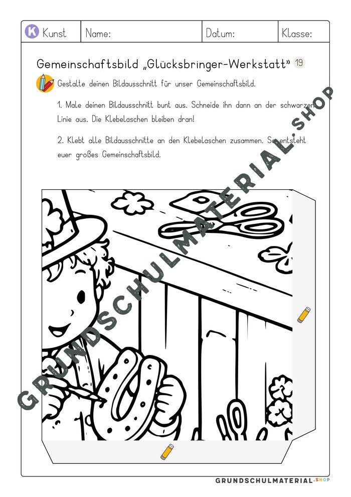 Gemeinschaftsbild Glücksbringer-Werkstatt: Arbeitsblatt Bildausschnitt 19 zum Ausmalen