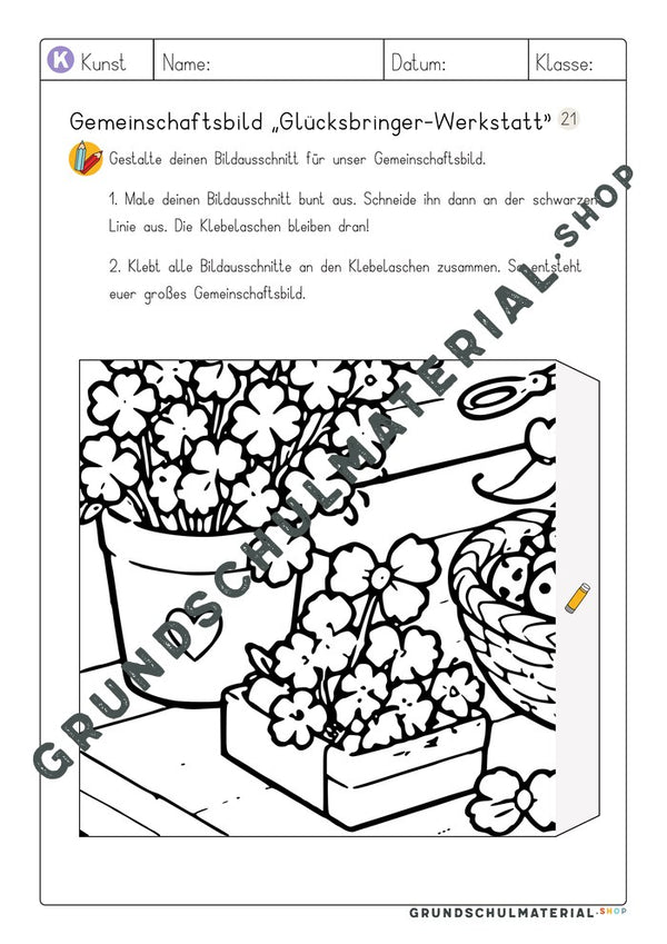 Gemeinschaftsbild Glücksbringer-Werkstatt: Arbeitsblatt Bildausschnitt 21 zum Ausmalen