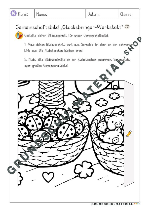 Gemeinschaftsbild Glücksbringer-Werkstatt: Arbeitsblatt Bildausschnitt 22 zum Ausmalen