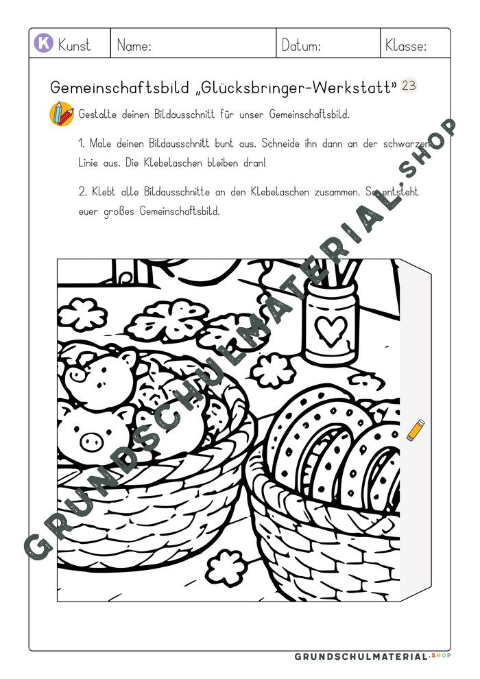 Gemeinschaftsbild Glücksbringer-Werkstatt: Arbeitsblatt Bildausschnitt 23 zum Ausmalen