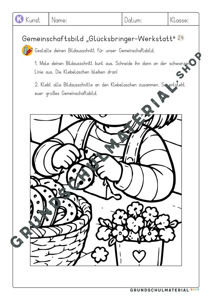Gemeinschaftsbild Glücksbringer-Werkstatt: Arbeitsblatt Bildausschnitt 24 zum Ausmalen