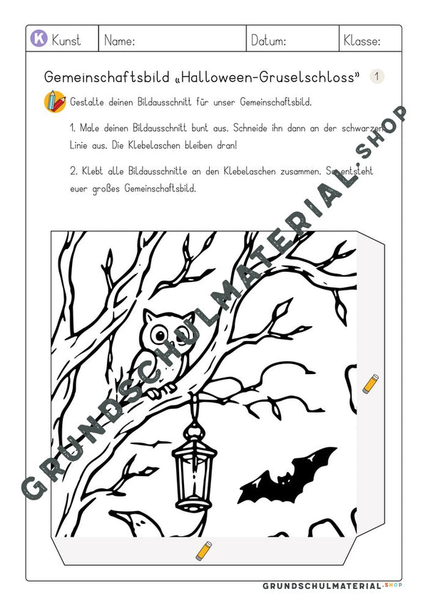 Gemeinschaftsbild Halloween-Gruselschloss – Arbeitsblatt Bildausschnitt 1 zum Ausmalen