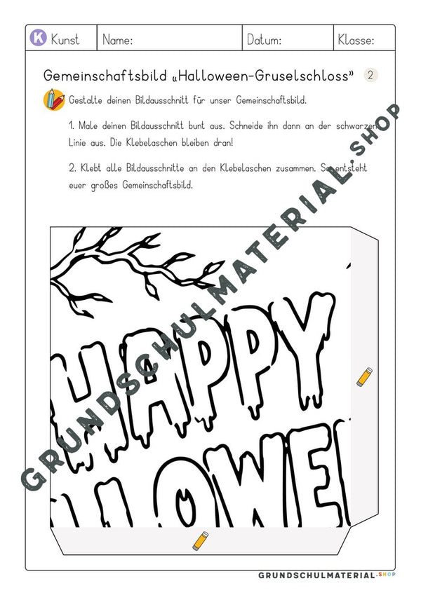 Gemeinschaftsbild Halloween-Gruselschloss – Arbeitsblatt Bildausschnitt 2 zum Ausmalen