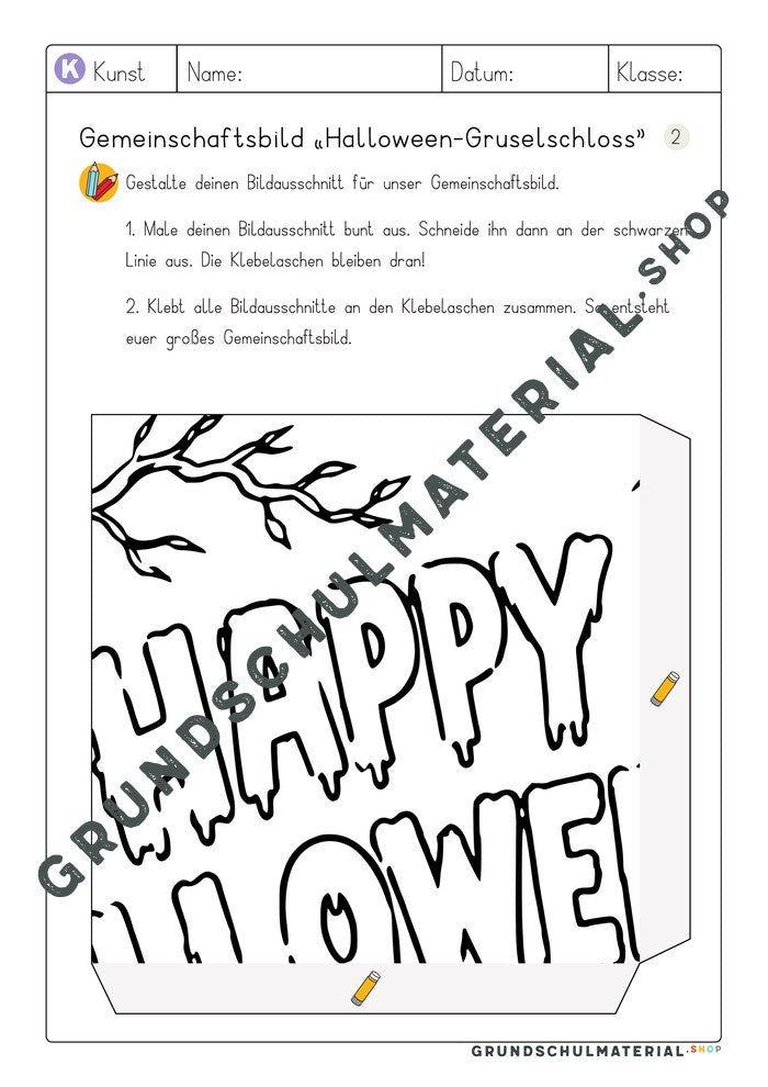 Gemeinschaftsbild Halloween-Gruselschloss – Arbeitsblatt Bildausschnitt 2 zum Ausmalen