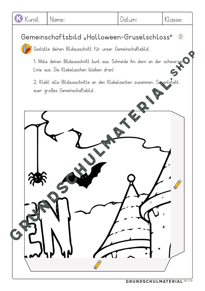 Gemeinschaftsbild Halloween-Gruselschloss – Arbeitsblatt Bildausschnitt 3 zum Ausmalen