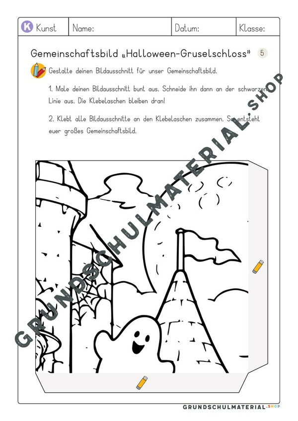Gemeinschaftsbild Halloween-Gruselschloss – Arbeitsblatt Bildausschnitt 5 zum Ausmalen