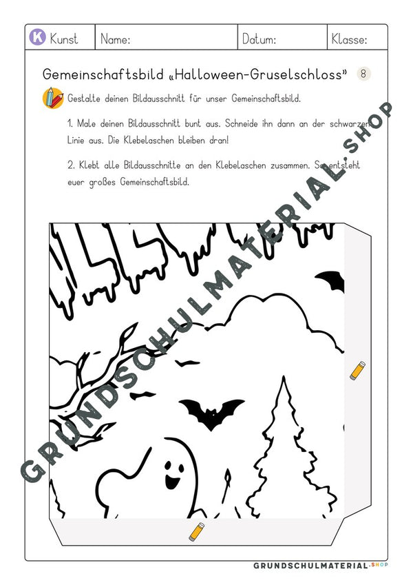 Gemeinschaftsbild Halloween-Gruselschloss – Arbeitsblatt Bildausschnitt 8 zum Ausmalen