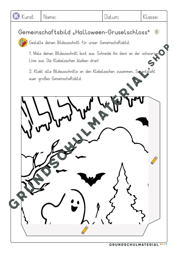 Gemeinschaftsbild Halloween-Gruselschloss – Arbeitsblatt Bildausschnitt 8 zum Ausmalen