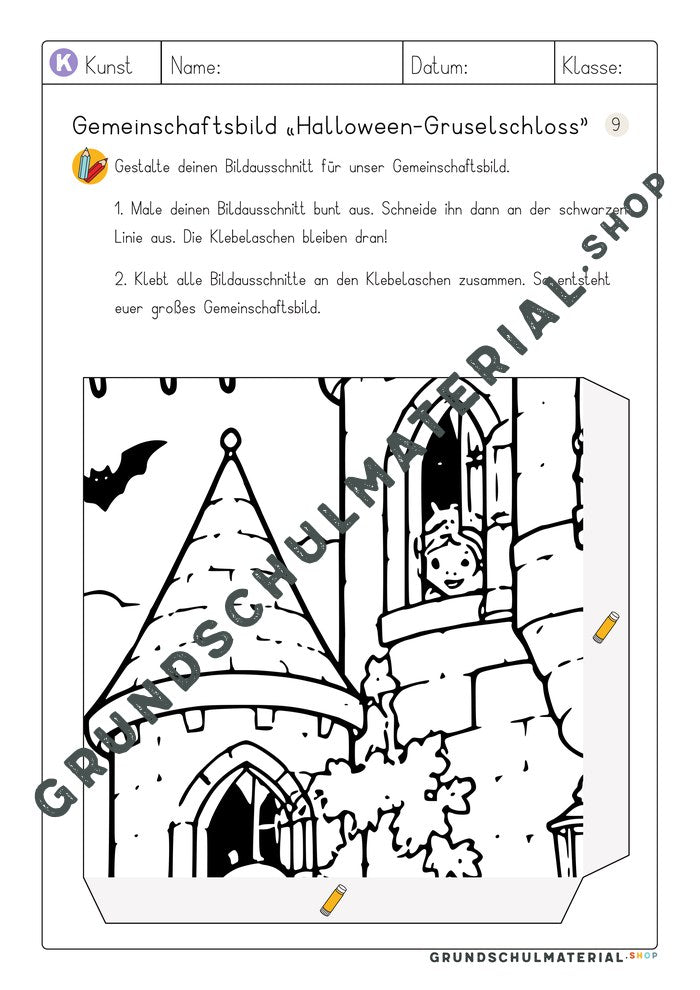 Gemeinschaftsbild Halloween-Gruselschloss – Arbeitsblatt Bildausschnitt 9 zum Ausmalen