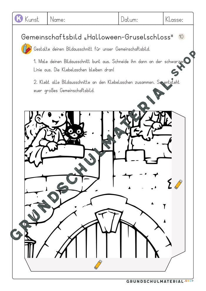 Gemeinschaftsbild Halloween-Gruselschloss – Arbeitsblatt Bildausschnitt 10 zum Ausmalen