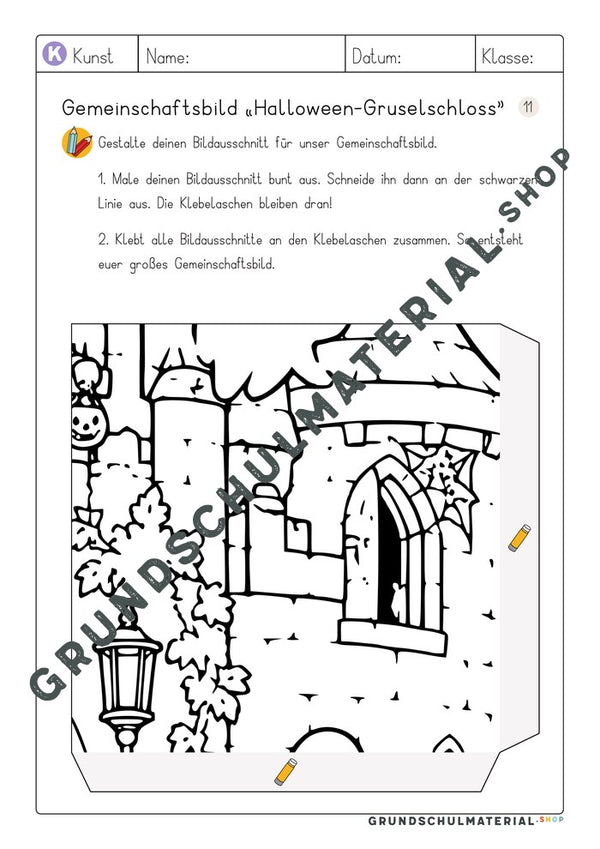 Gemeinschaftsbild Halloween-Gruselschloss – Arbeitsblatt Bildausschnitt 11 zum Ausmalen