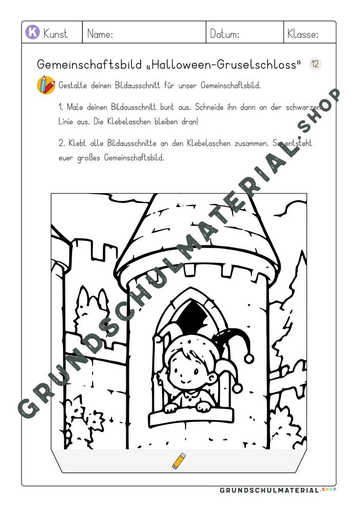 Gemeinschaftsbild Halloween-Gruselschloss – Arbeitsblatt Bildausschnitt 12 zum Ausmalen