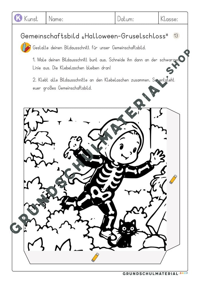 Gemeinschaftsbild Halloween-Gruselschloss – Arbeitsblatt Bildausschnitt 13 zum Ausmalen