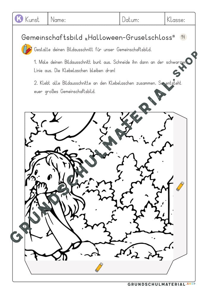 Gemeinschaftsbild Halloween-Gruselschloss – Arbeitsblatt Bildausschnitt 14 zum Ausmalen