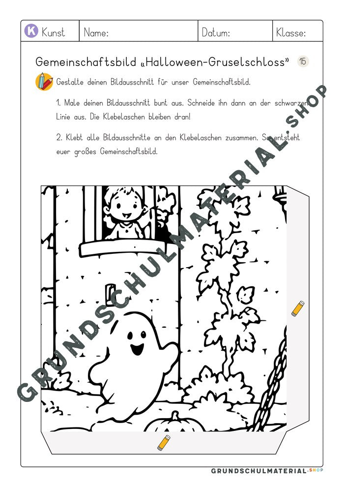 Gemeinschaftsbild Halloween-Gruselschloss – Arbeitsblatt Bildausschnitt 15 zum Ausmalen