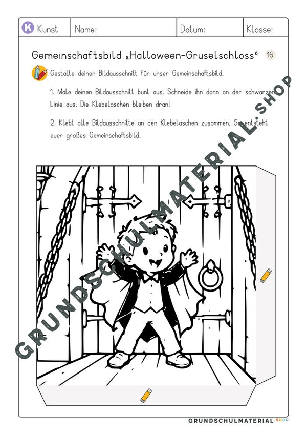 Gemeinschaftsbild Halloween-Gruselschloss – Arbeitsblatt Bildausschnitt 16 zum Ausmalen