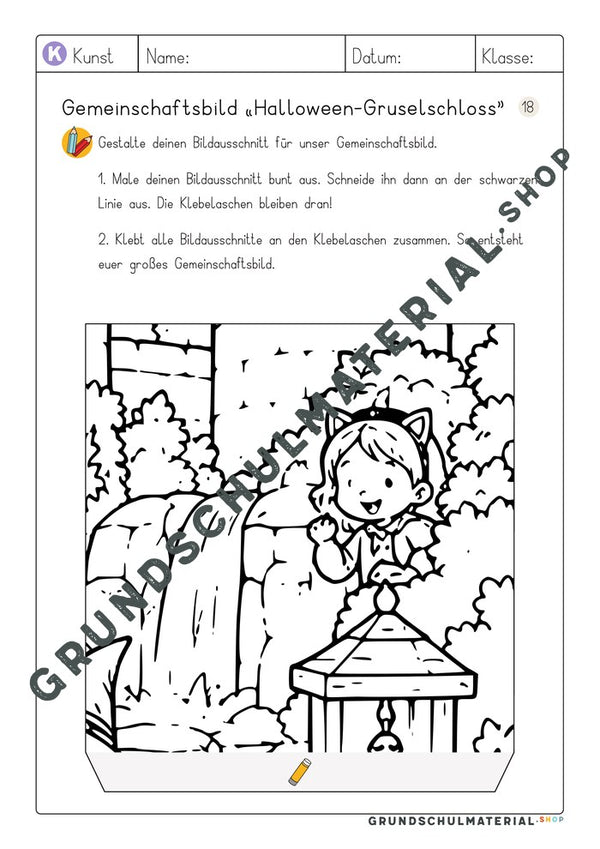Gemeinschaftsbild Halloween-Gruselschloss – Arbeitsblatt Bildausschnitt 18 zum Ausmalen