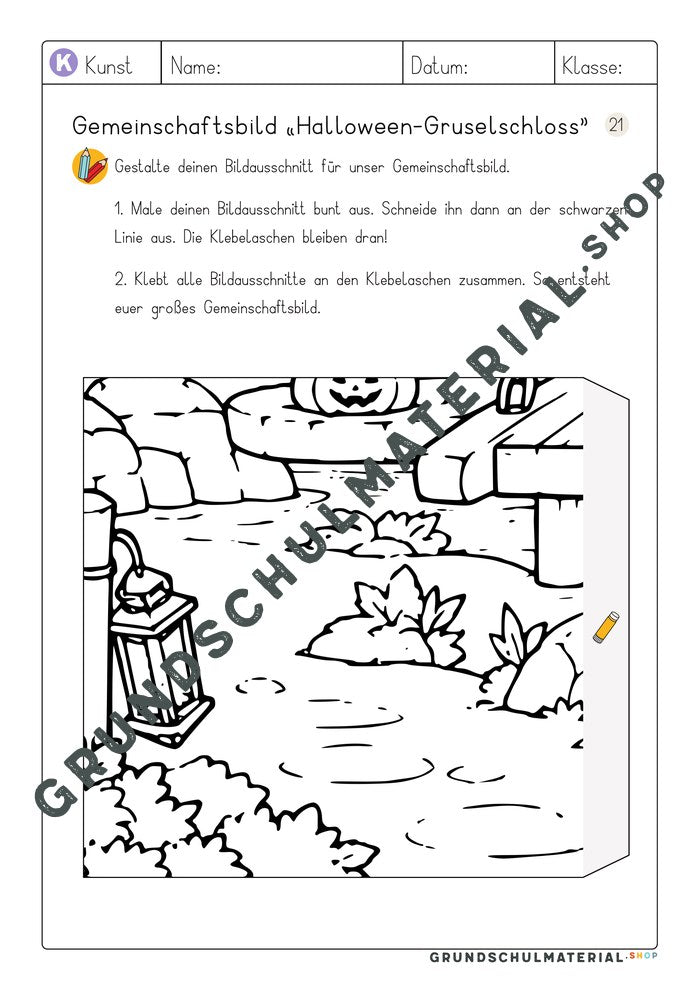 Gemeinschaftsbild Halloween-Gruselschloss – Arbeitsblatt Bildausschnitt 21 zum Ausmalen