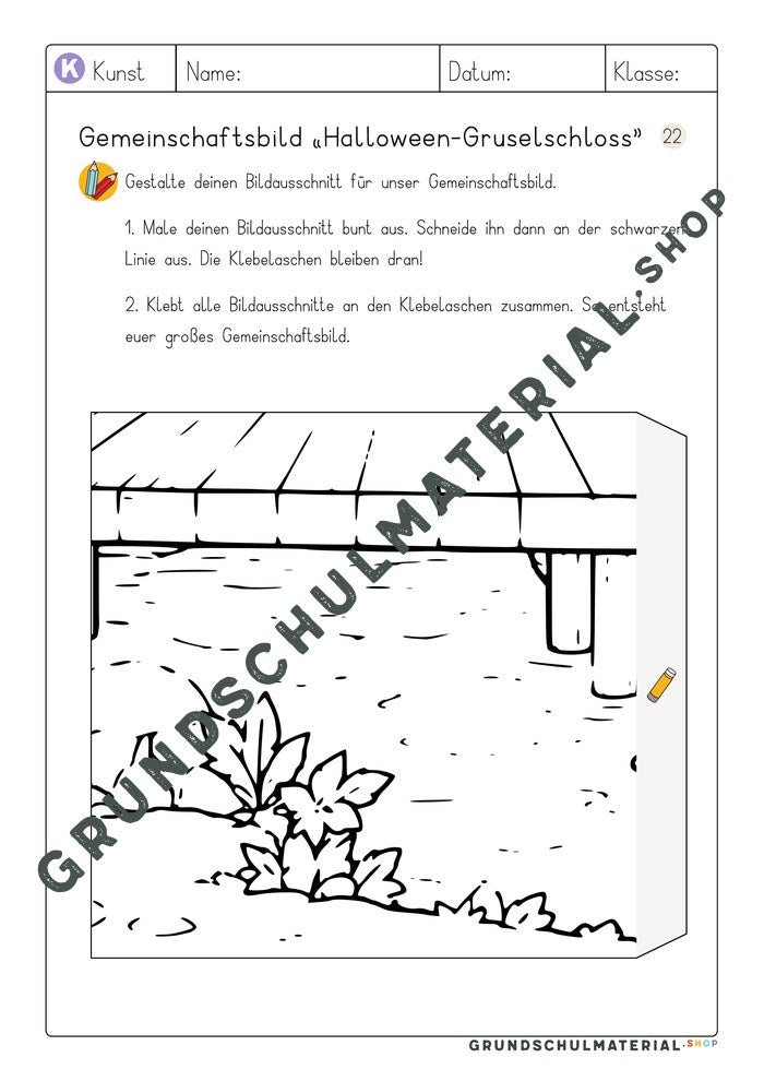 Gemeinschaftsbild Halloween-Gruselschloss – Arbeitsblatt Bildausschnitt 22 zum Ausmalen