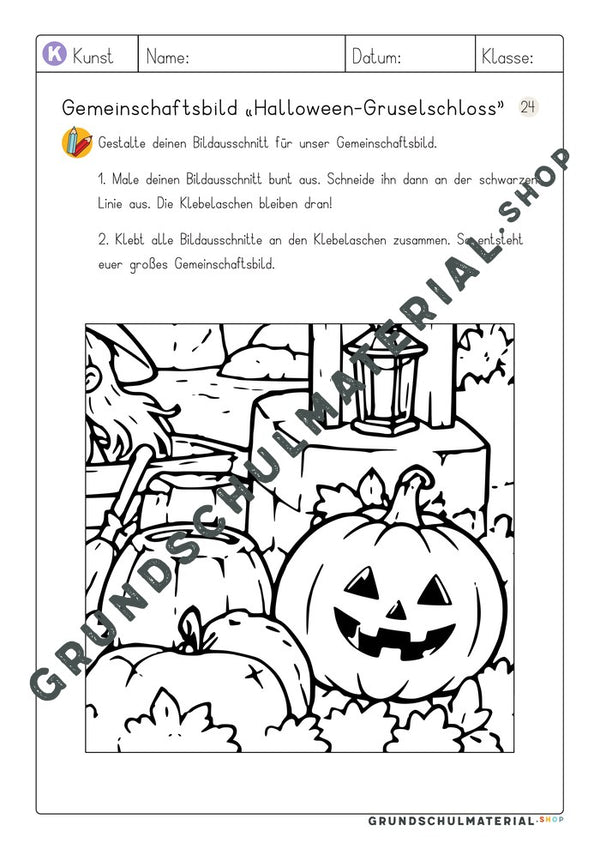 Gemeinschaftsbild Halloween-Gruselschloss – Arbeitsblatt Bildausschnitt 24 zum Ausmalen