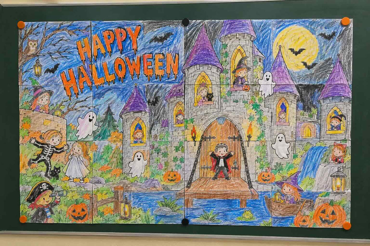Gemeinschaftsbild Halloween-Gruselschloss – fertig ausgemaltes Poster an der Tafel