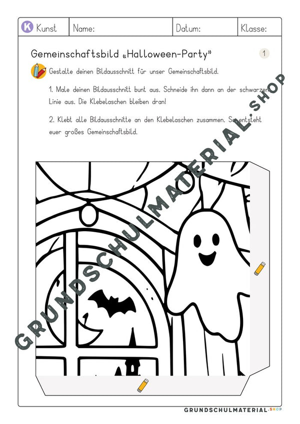 Arbeitsblatt Bildausschnitt 1 zum Ausmalen: Fenster mit Fledermaus und Gespenst
