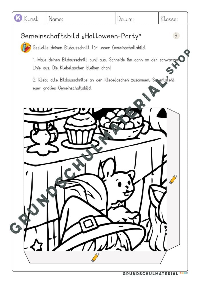 Arbeitsblatt Bildausschnitt 9 zum Ausmalen: Buffet mit Cupcakes und Hexenhut