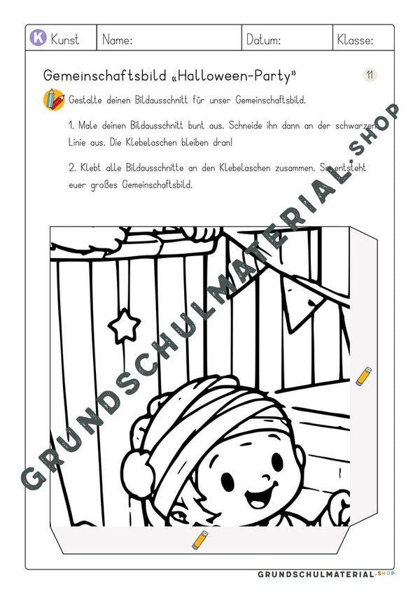 Arbeitsblatt Bildausschnitt 11 zum Ausmalen: Kind als Mumie