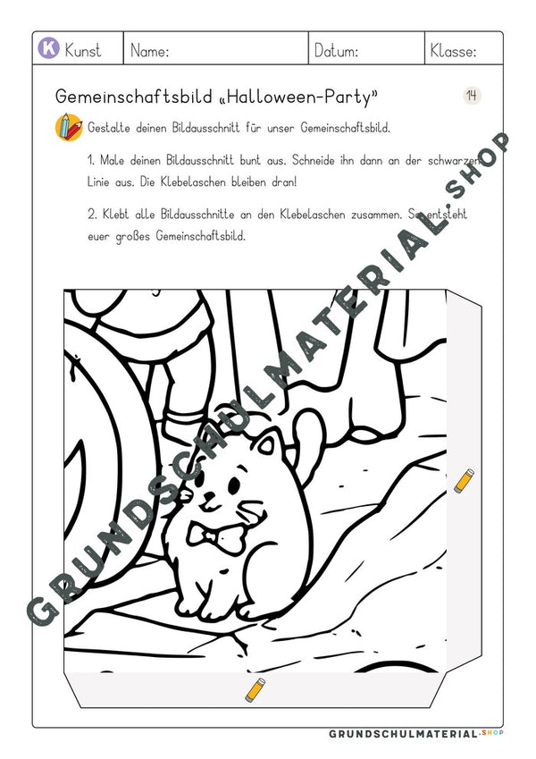 Arbeitsblatt Bildausschnitt 14 zum Ausmalen: Katze mit Fliege
