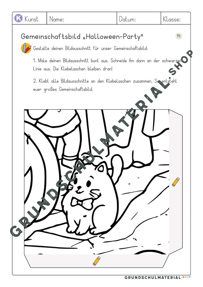 Arbeitsblatt Bildausschnitt 14 zum Ausmalen: Katze mit Fliege
