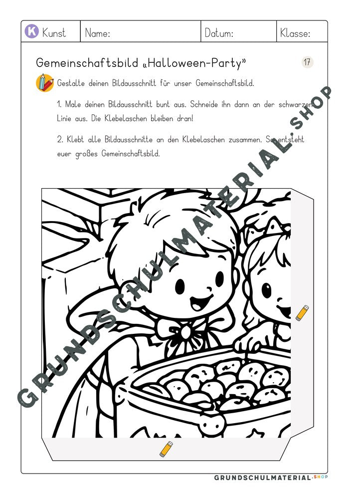 Arbeitsblatt Bildausschnitt 17 zum Ausmalen: Kinder an der Süßigkeitenkiste