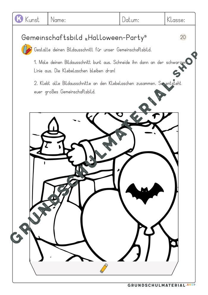 Arbeitsblatt Bildausschnitt 20 zum Ausmalen: Luftballons mit Fledermaus