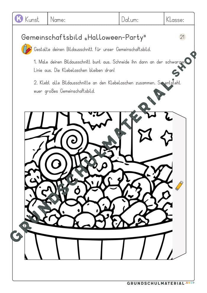 Arbeitsblatt Bildausschnitt 21 zum Ausmalen: Schüssel mit Süßigkeiten und Lollis